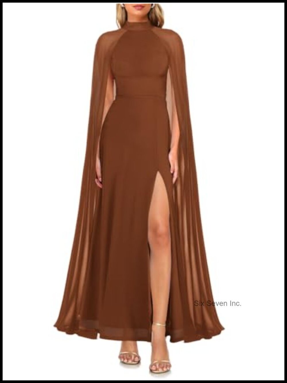 Women's Elegant Mock Neck Slit A-Line Flowy Maxi Dress with Cape Sleeves